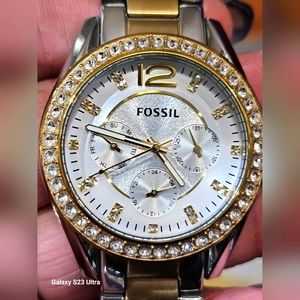 Fossil ES3204 Women's Riley Silver Dial Two Tone Steel Multifunction Watch